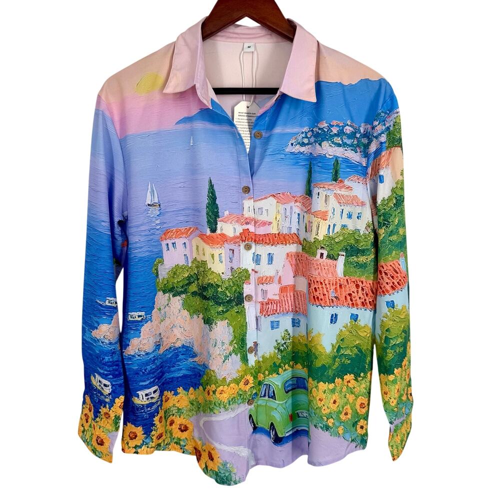 NEW NWT Womens Medium Travel Italy Ocean Tropical Beach Shirt Top Wearable Art